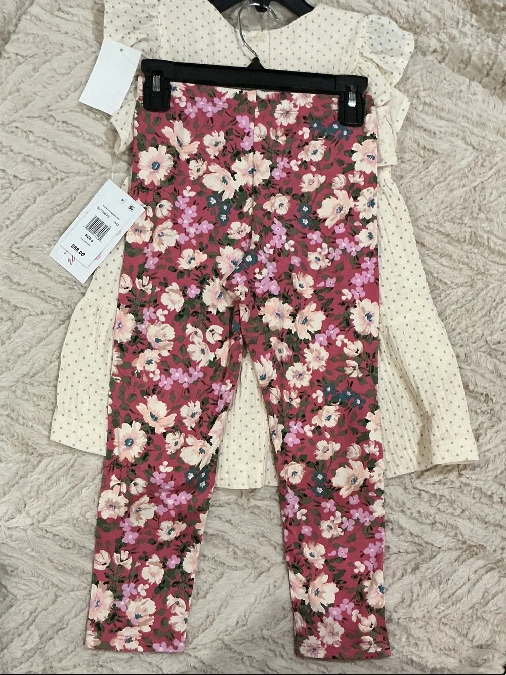 Bonnie Jean Cream Dot Tiered Dress with Pink Floral Leggings